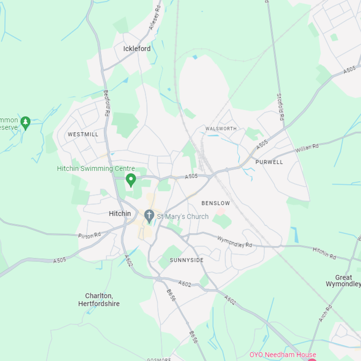 Map of Hitchin highlighting service areas for Hitchin Removals