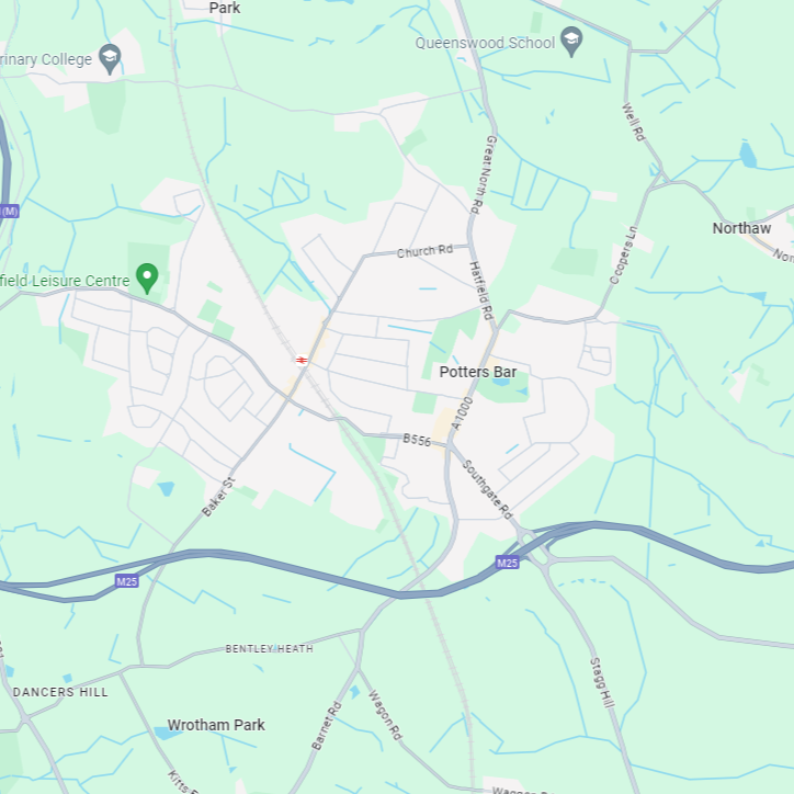 Map of Potters Bar highlighting service areas for Hitchin Removals